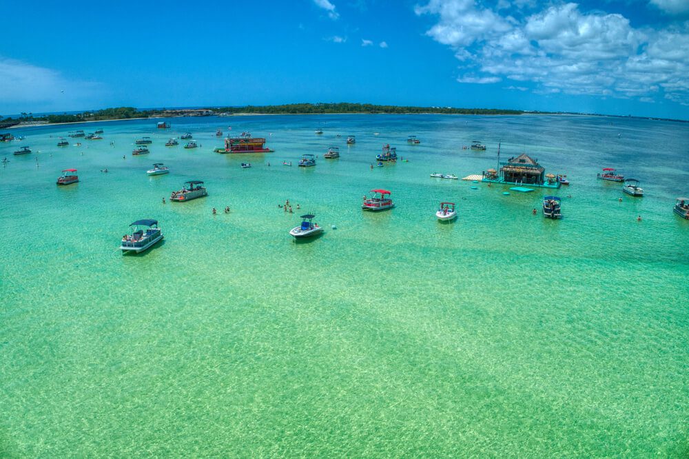 An overhead view of family-friendly Crab Island in Destin, FL.